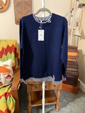 NWT Women’s Sz. L Disamer Classic Style Navy Blue with White Long Sleeve Top